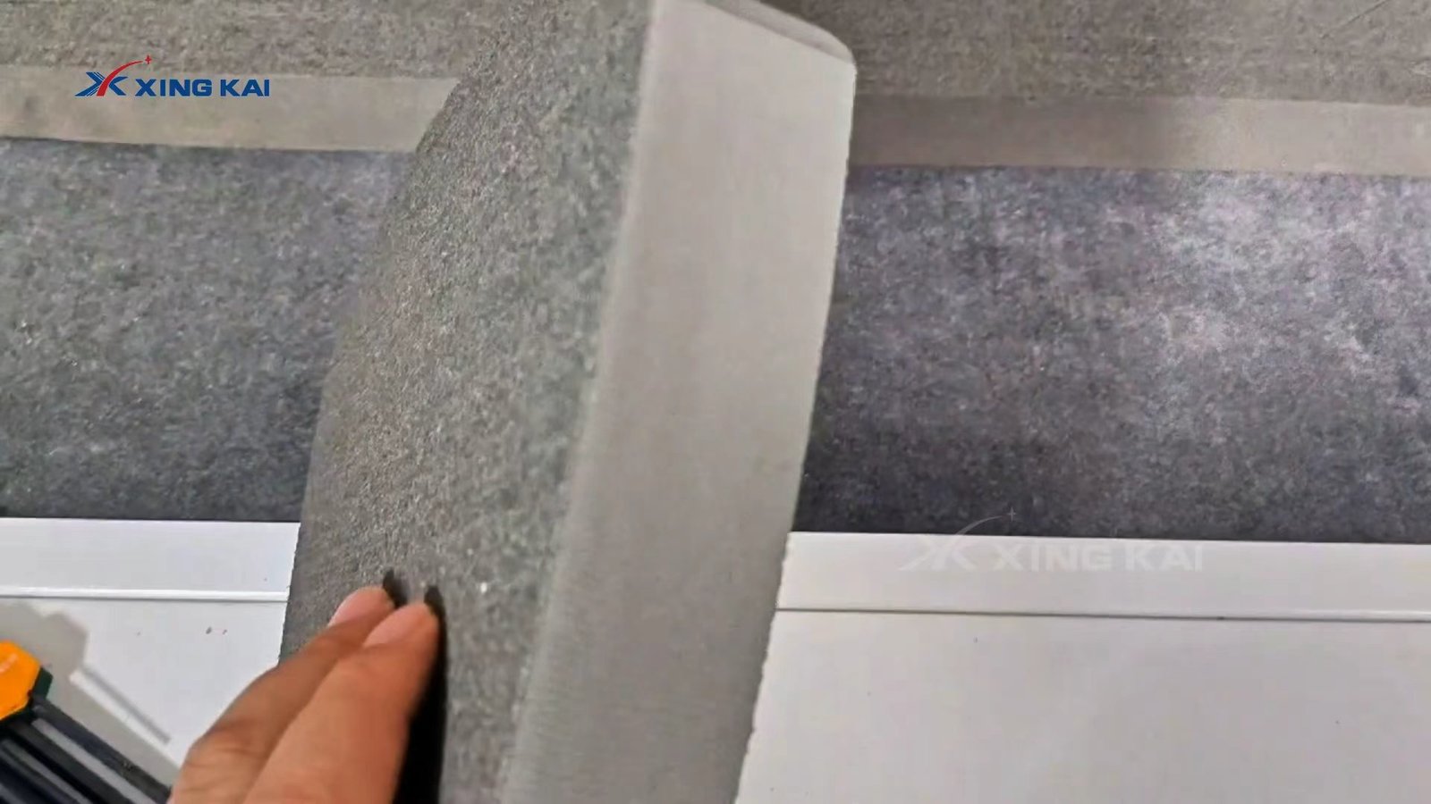 Thick sponge foam sample prepared for CNC oscillating knife cutting