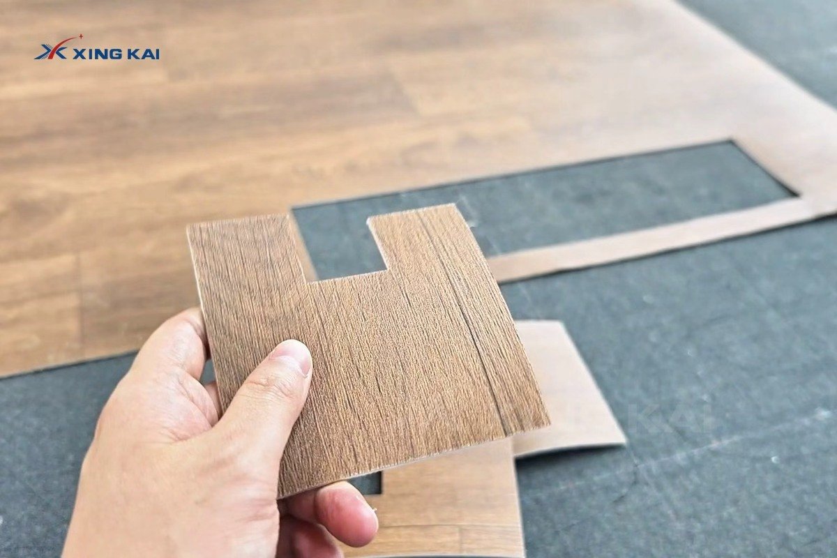 Wood grain flooring sample with a precision cut notch